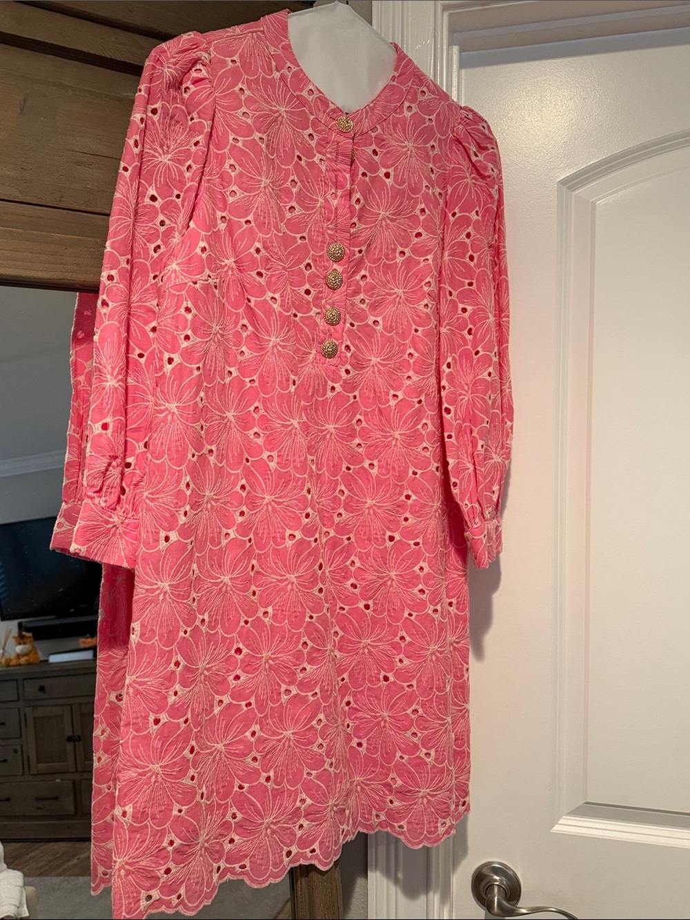 Pomander Place Pink Eyelet Midi Dress with Gold Buttons size small worn once! - Picture 1 of 4